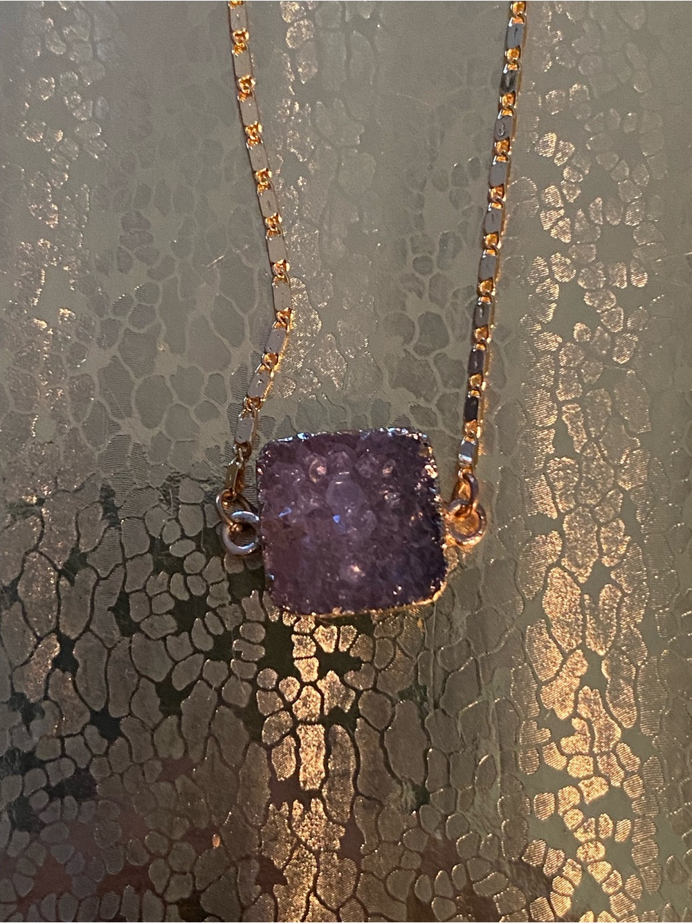 NWT Gold Necklace with Purple Druzy Square Pendant
